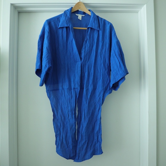 Electric Blue Cropped Shirt with Bow - L - Picture 5 of 6